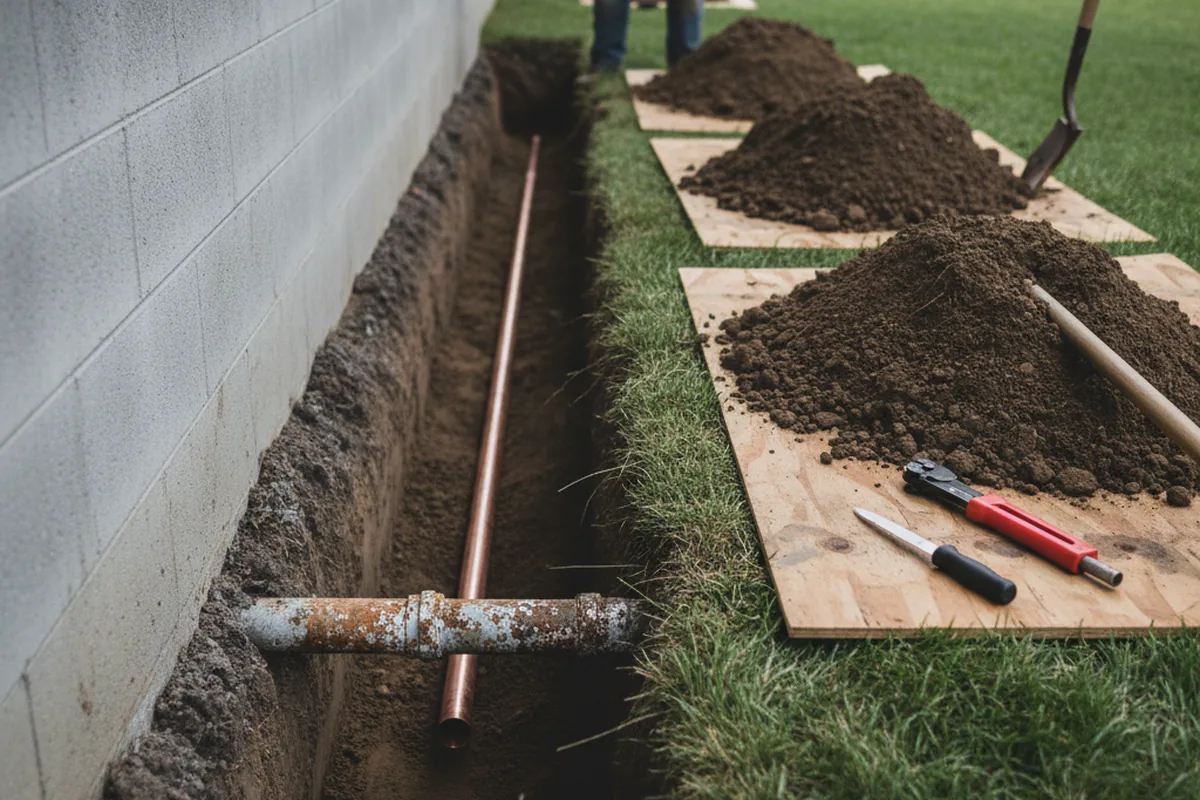 Excavated water line trench during Water Softener Installation in Big Indian